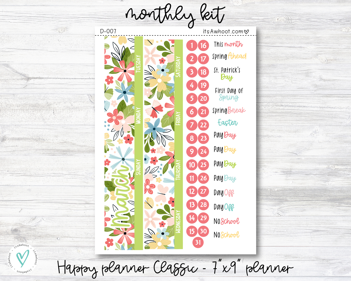 MONTHLY Kit Planner Stickers - MARCH "Spring Ahead" - Happy Planner CLASSIC / 7"x9" (D007)