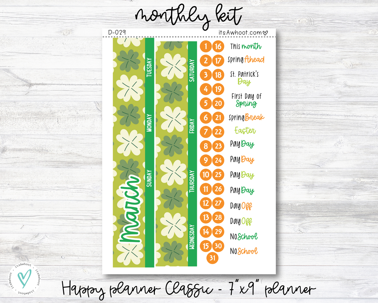 MONTHLY Kit Planner Stickers - MARCH "O'March" - Happy Planner CLASSIC / 7"x9" (D029)