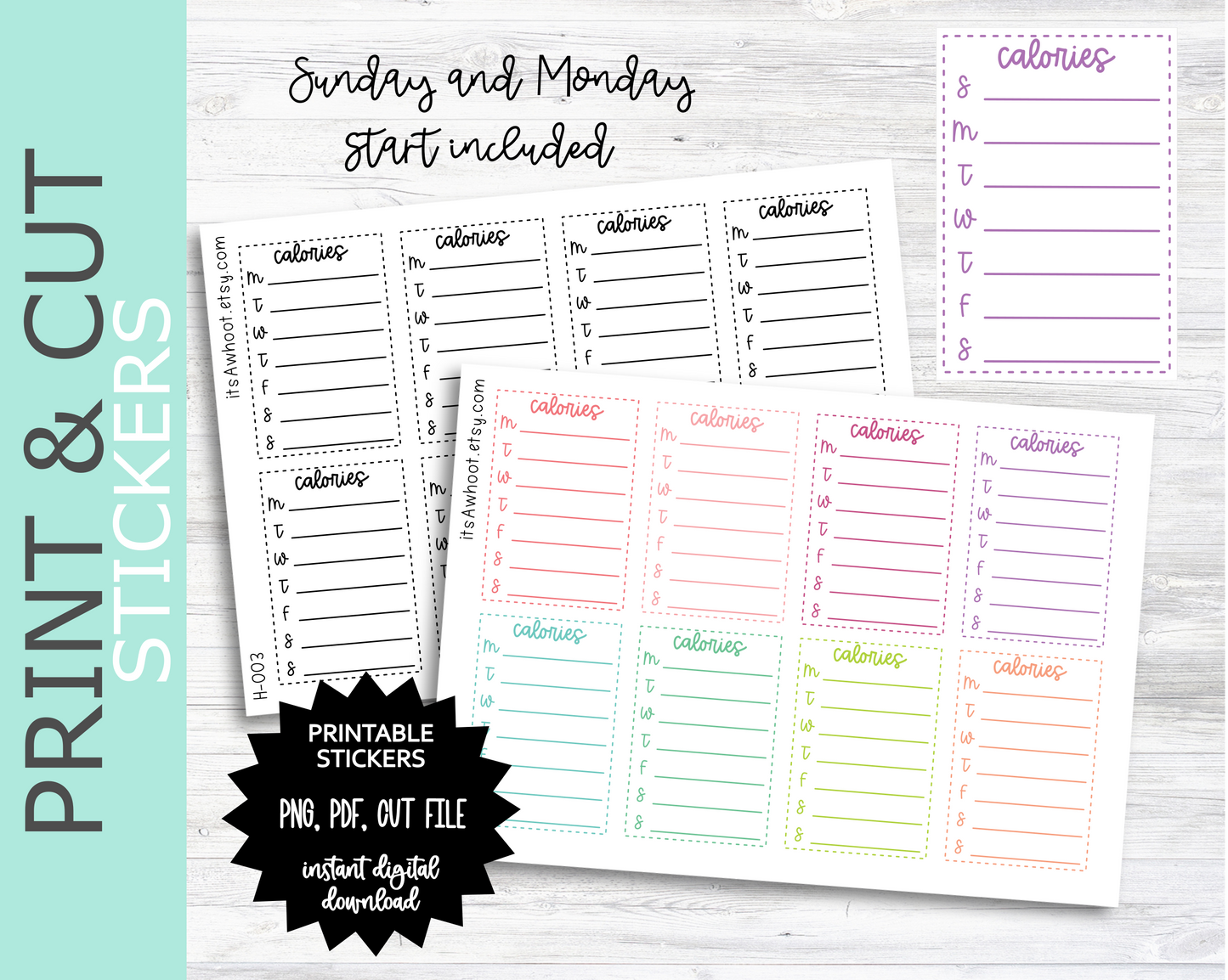 CALORIES Sidebar PRINT & CUT Planner Stickers (H003PC)
