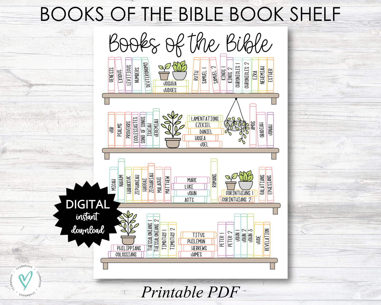 Books of the Bible BOOK SHELF tracker, Bible Books Coloring Page - Color - PRINTABLE (N055)