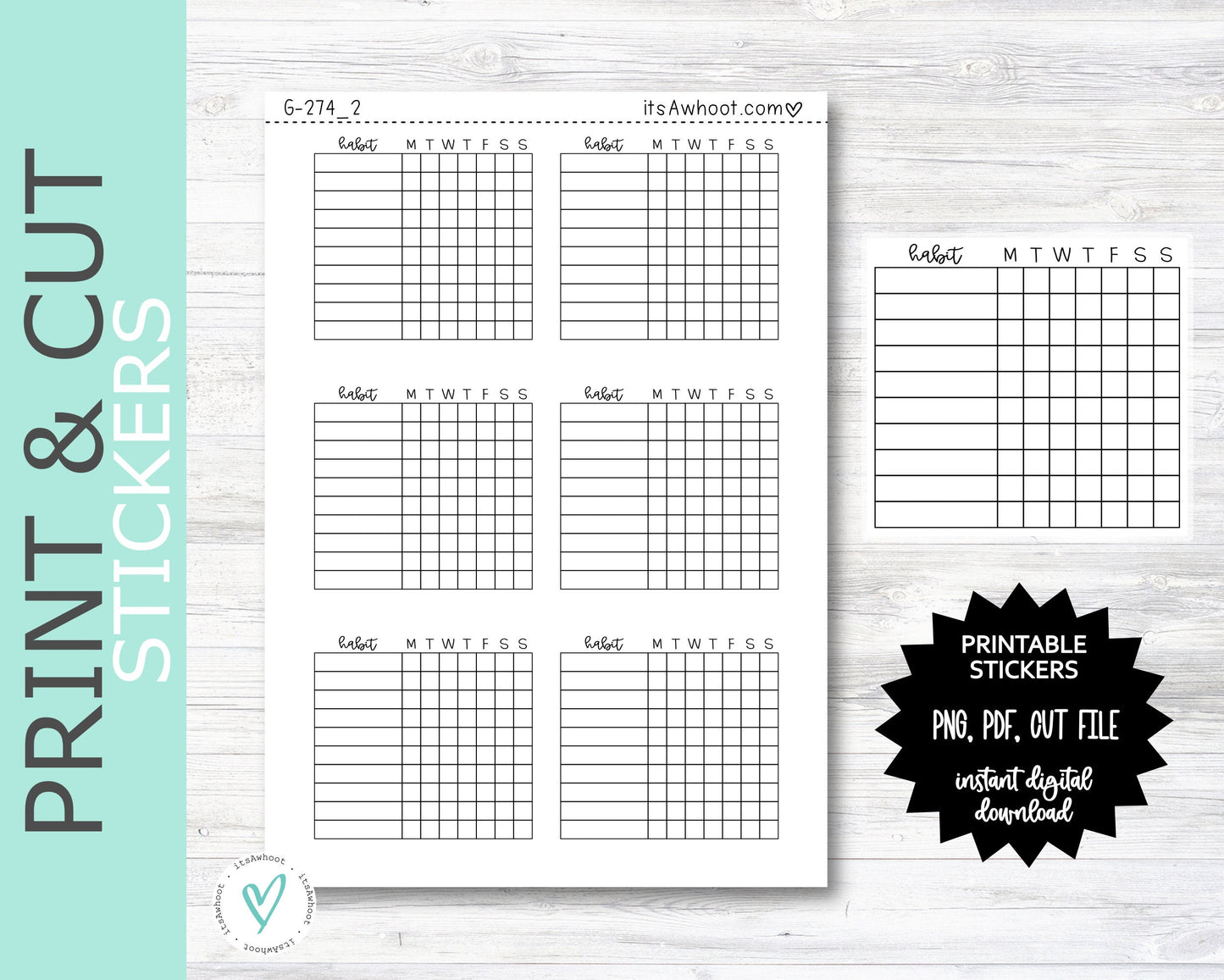 Weekly Habit Tracker Planner Stickers PRINT & CUT Planner Stickers (G274_2PC)