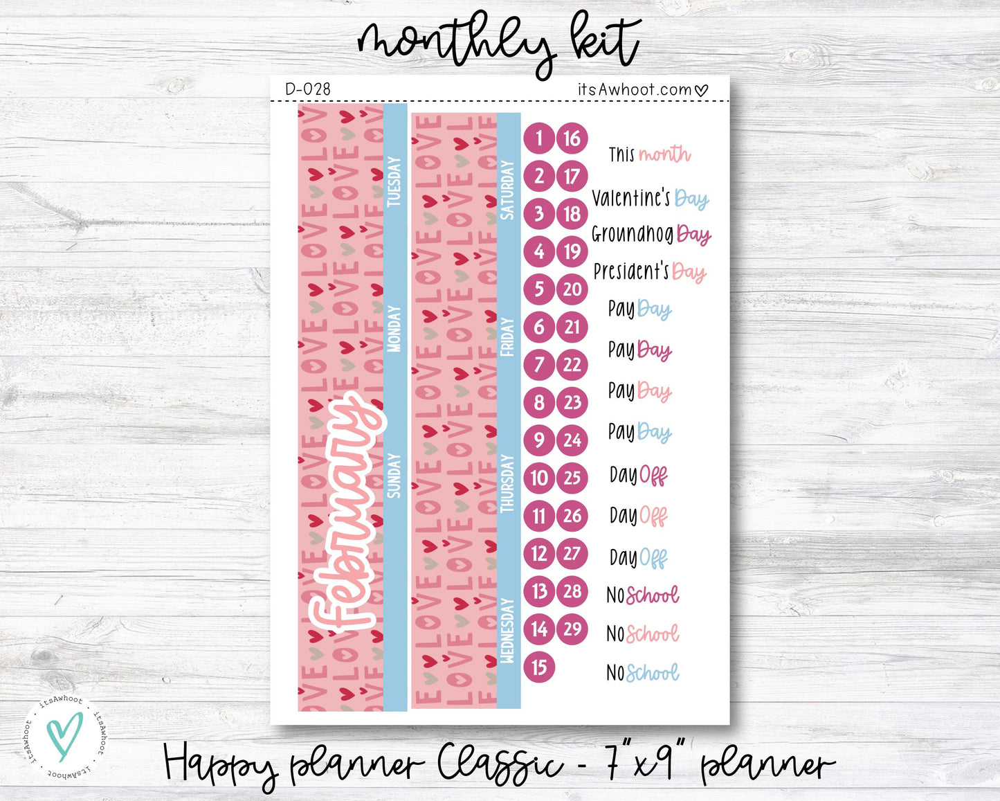 MONTHLY Kit Planner Stickers - FEBRUARY "Valentine's Day" - Happy Planner CLASSIC / 7"x9" (D028)
