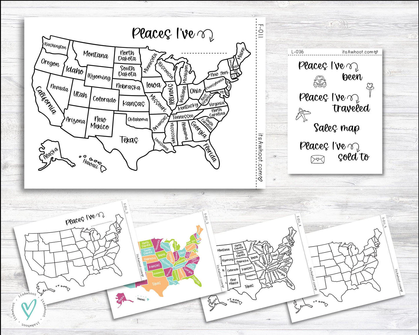 Places I've... USA United States Tracker Map Sticker - Dashboard Sticker (F011)