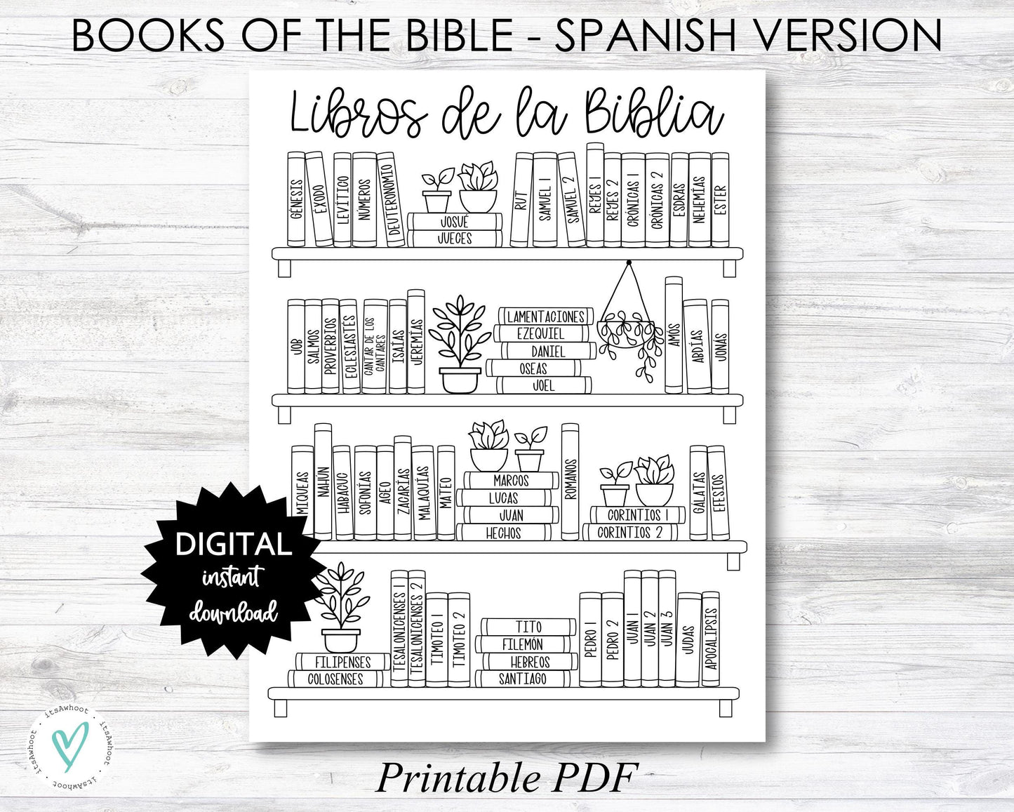 Books of the Bible Book Shelf tracker, Bible Books Coloring Page - SPANISH Version - PRINTABLE (N055_3)