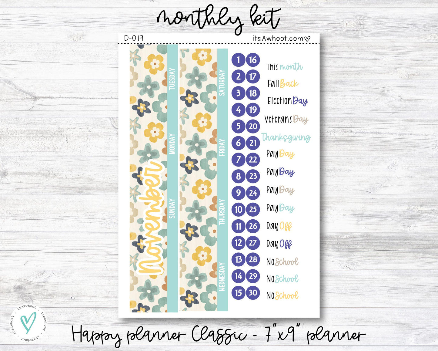 MONTHLY Kit Planner Stickers - NOVEMBER "Forever Fall" - Sunday or Monday Start - Happy Planner CLASSIC (D019)
