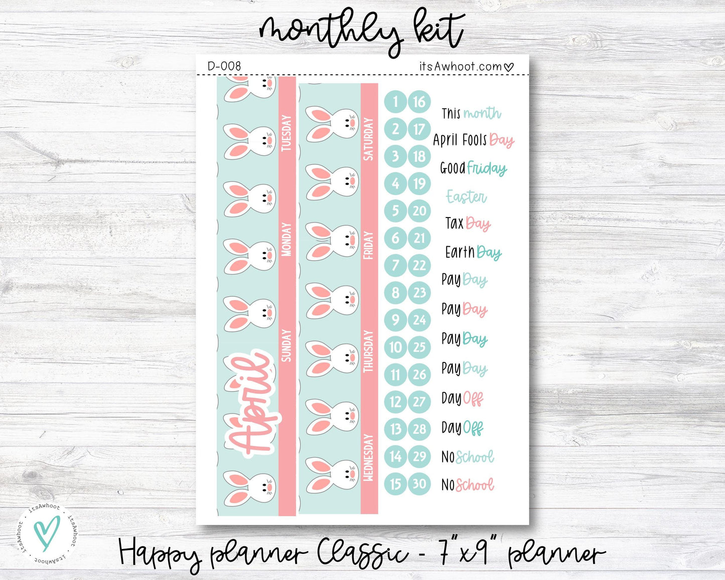 MONTHLY Kit Planner Stickers - APRIL "Bunny Hop" - Happy Planner CLASSIC (D008)