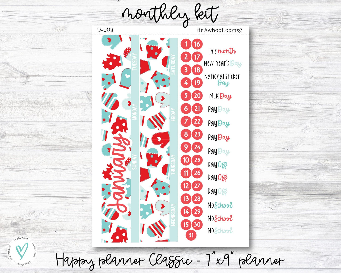 MONTHLY Kit Planner Stickers - JANUARY "Winter Vibes" - Happy Planner CLASSIC (D003)