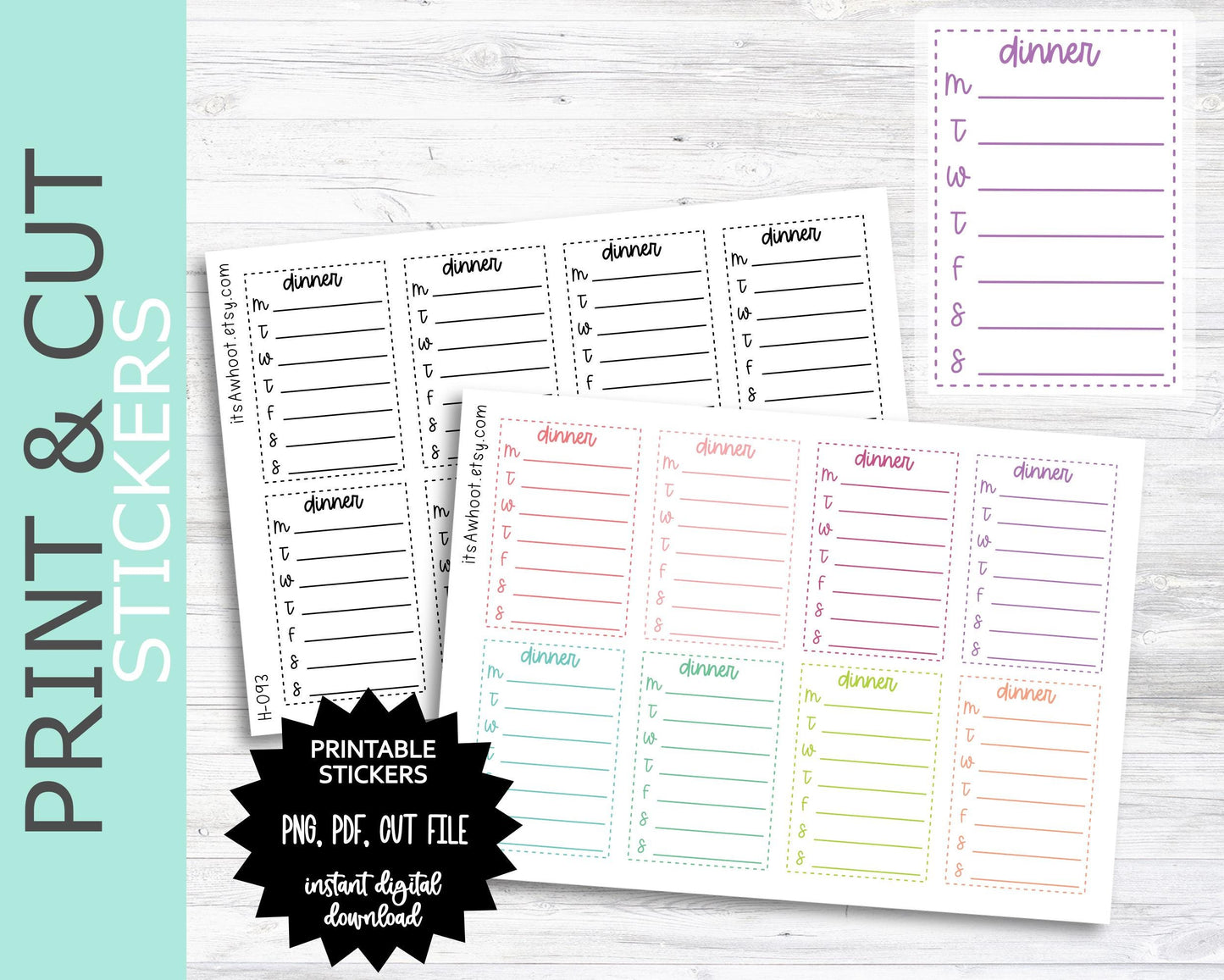 DINNER Tracker Sidebar PRINT & CUT Planner Stickers (H093PC)
