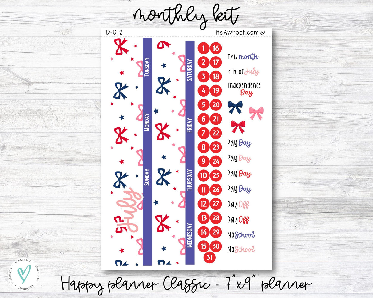 MONTHLY Kit Planner Stickers - JULY "Sparklers & Bows" - Happy Planner CLASSIC / 7"x9" (D012)