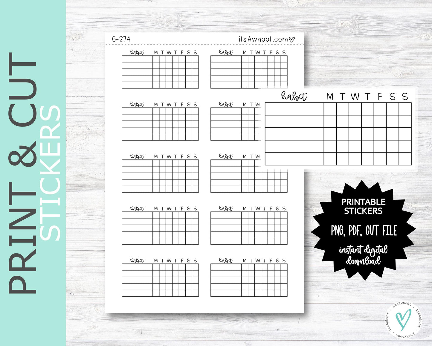 Weekly Habit Tracker Planner Stickers PRINT & CUT Planner Stickers (G274PC)
