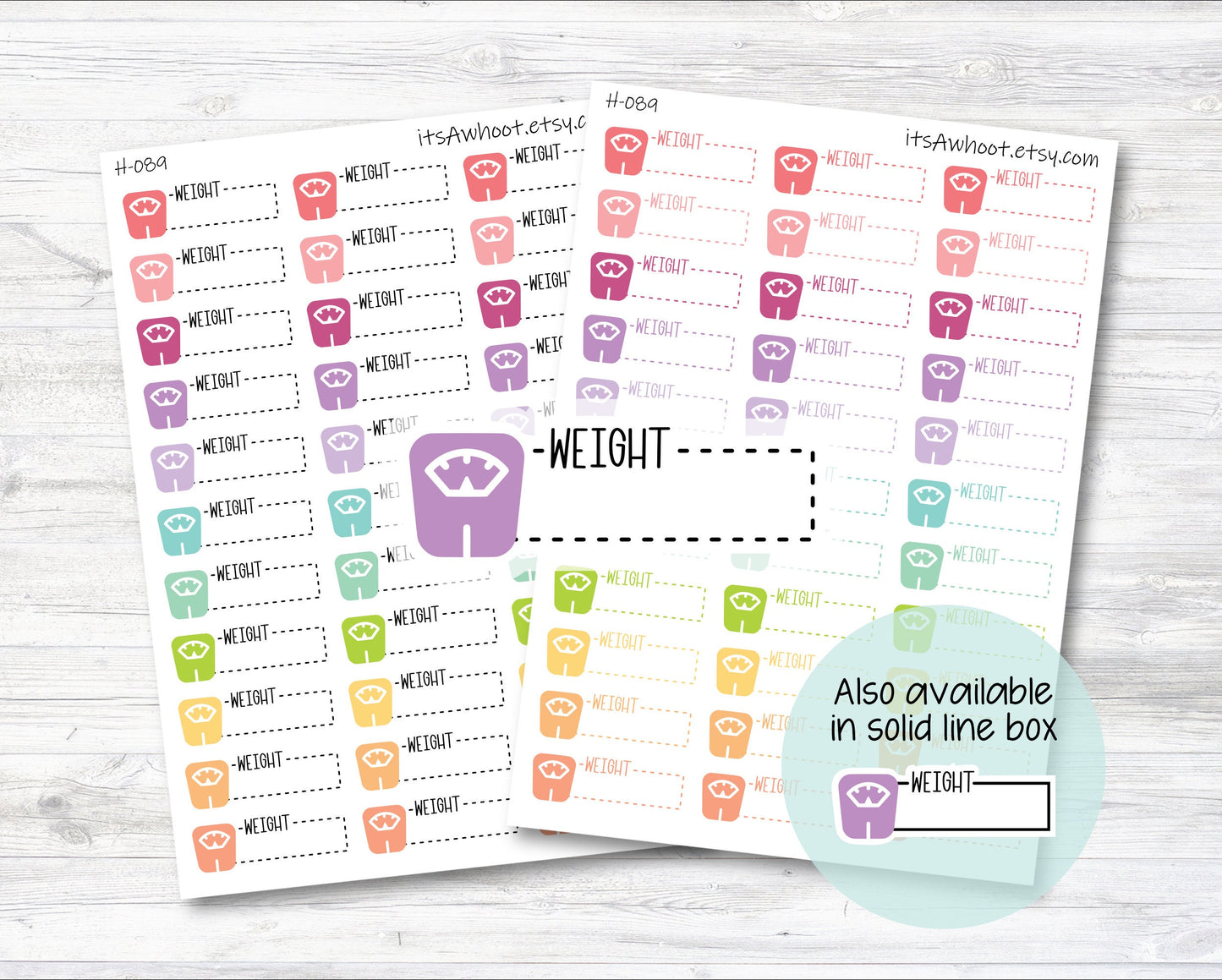 WEIGHT with Scale Icon Quarter Box Label Planner Stickers, Weight Scale Stickers - Dash or Solid (H089)
