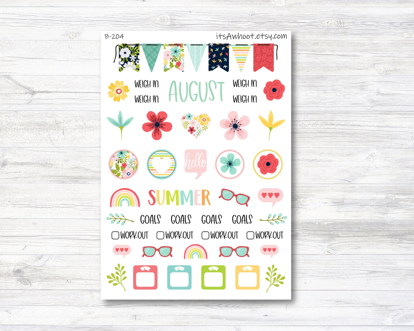 August / Summer Stickers, Weight Loss Planner Clipart (B204-August2)