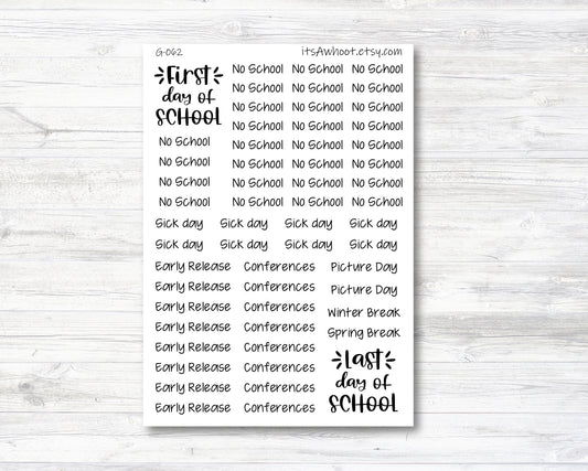 School Script Planner Stickers, School Event Stickers, School Reminder Stickers, First Day of School Stickers, Last Day of School (G062)