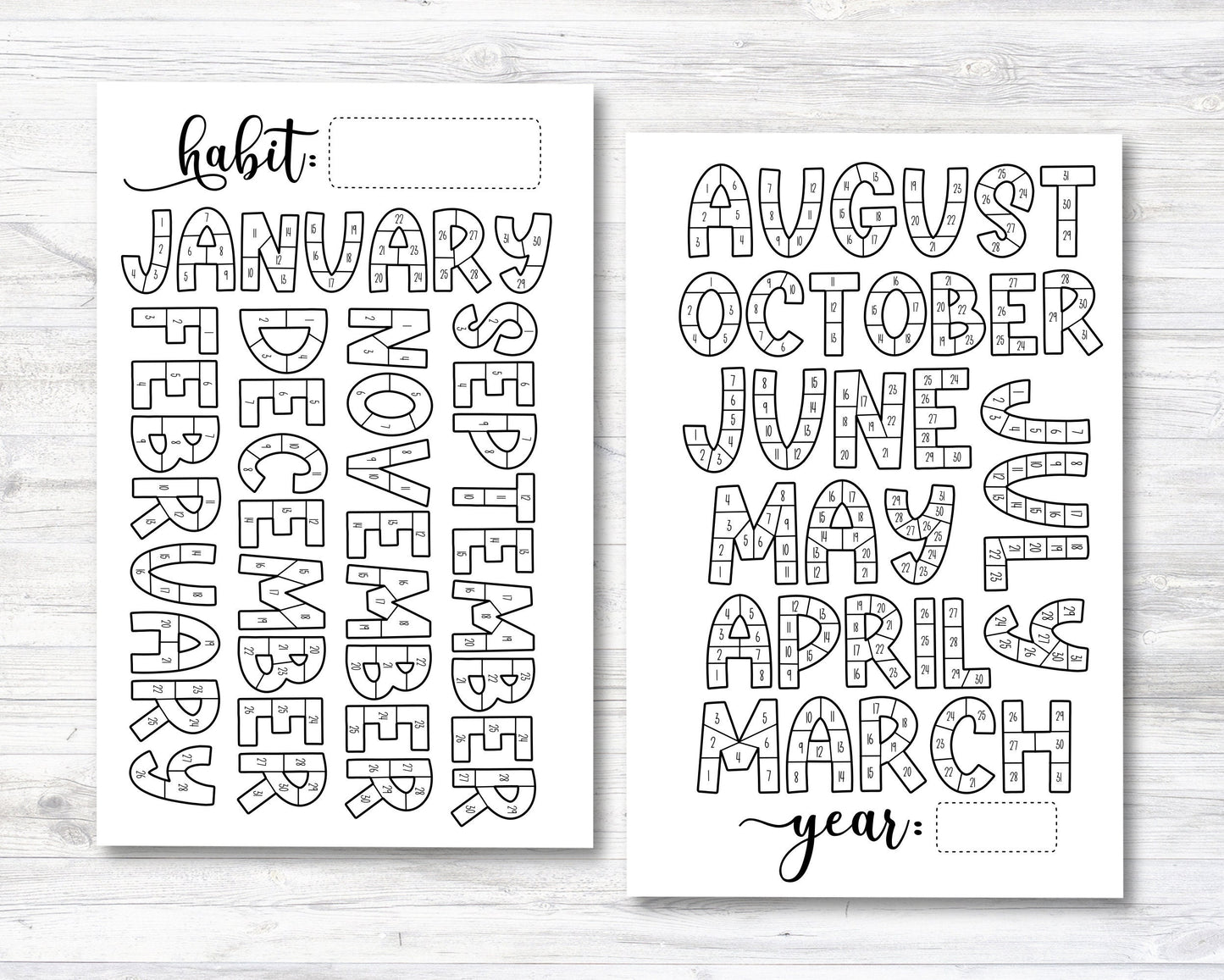 Habit Tracker Coloring Sheet, Month Habit Tracker Coloring Planner Insert, Year Habit Tracker Coloring Sheet Insert - Not Punched