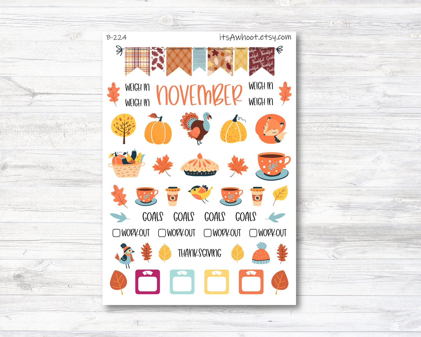 November / Fall / Thanksgiving Stickers, Weight Loss Planner Clipart (B224-November2)