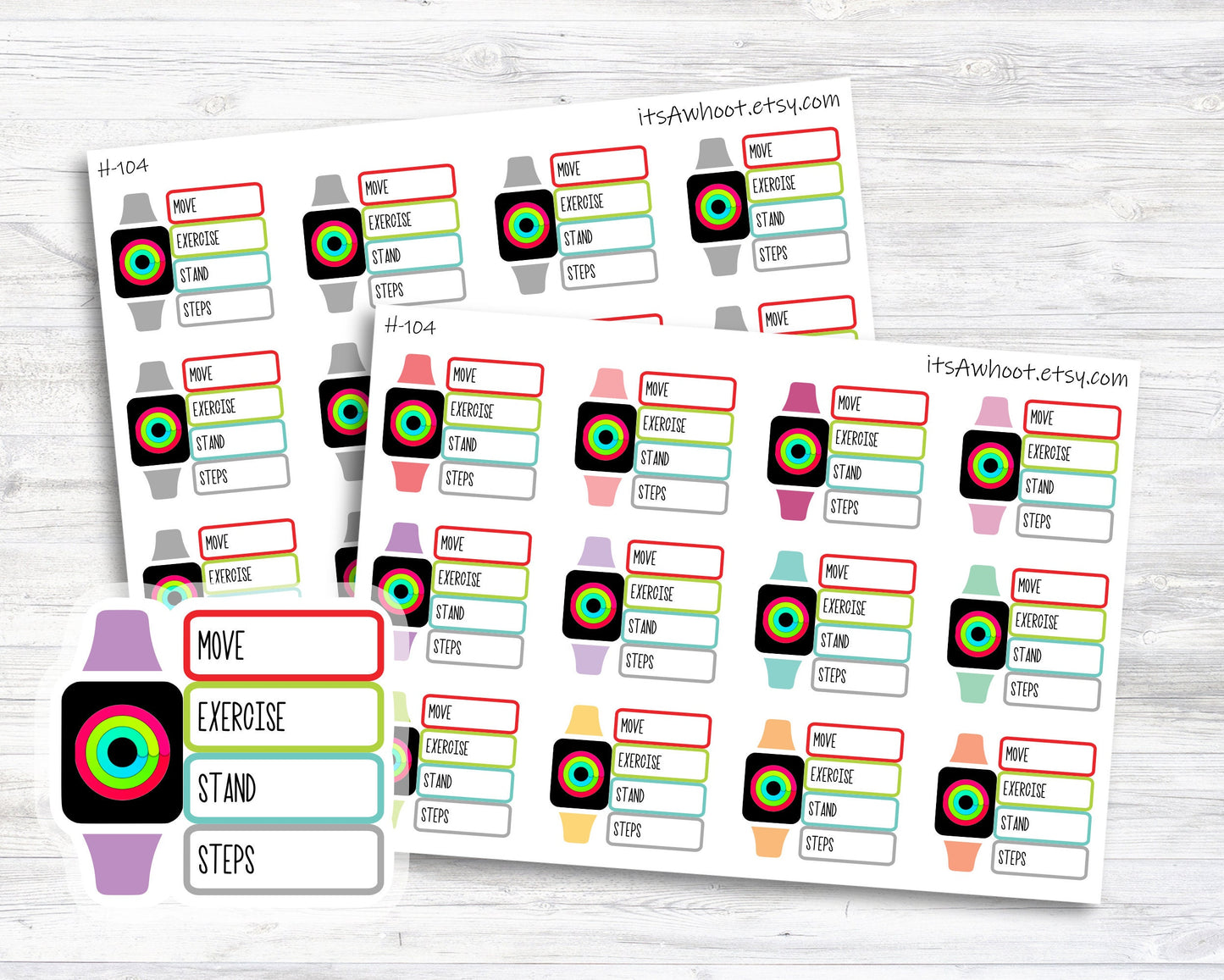 Activity Ring Stats Tracker, Smart Watch Activity Tracker - Move, Exercise, Stand, Steps - Set of 12 (H104)