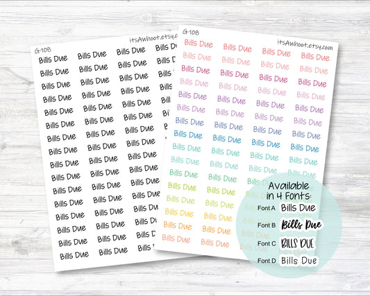 Bills Due Script Stickers, Bills Due Planner Stickers (G108)
