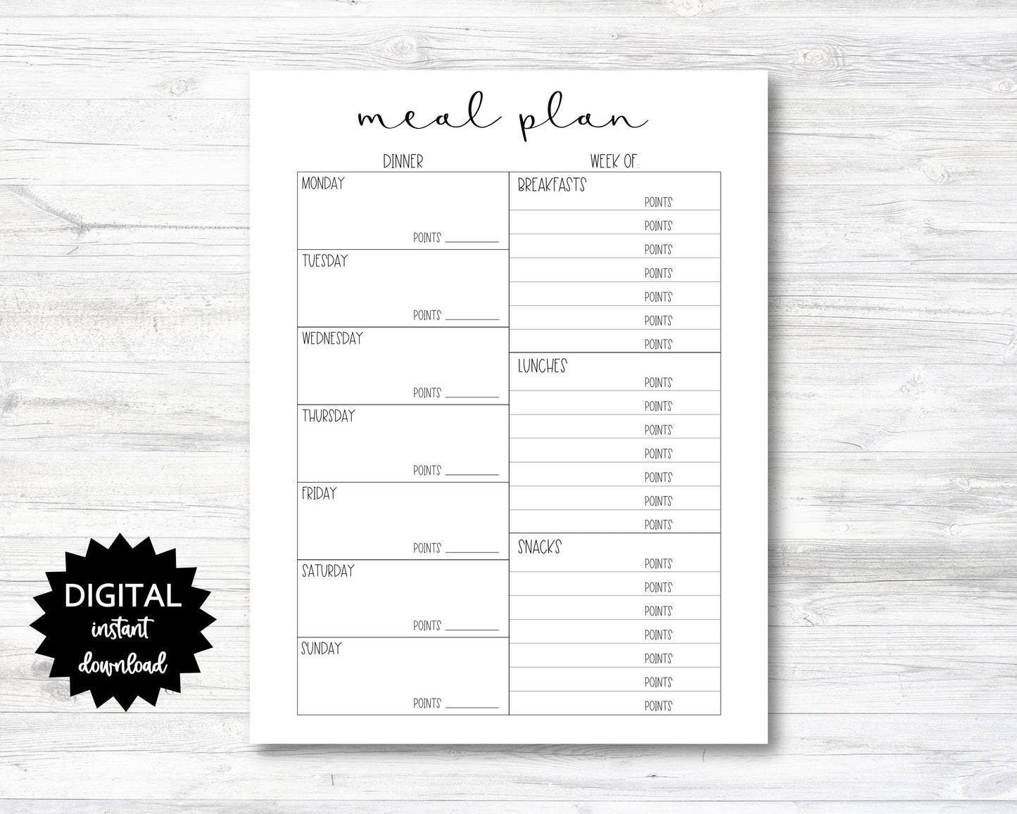 Weekly Meal Plan Printable with Points, Meal Plan Digital Download - PRINTABLE (N007)
