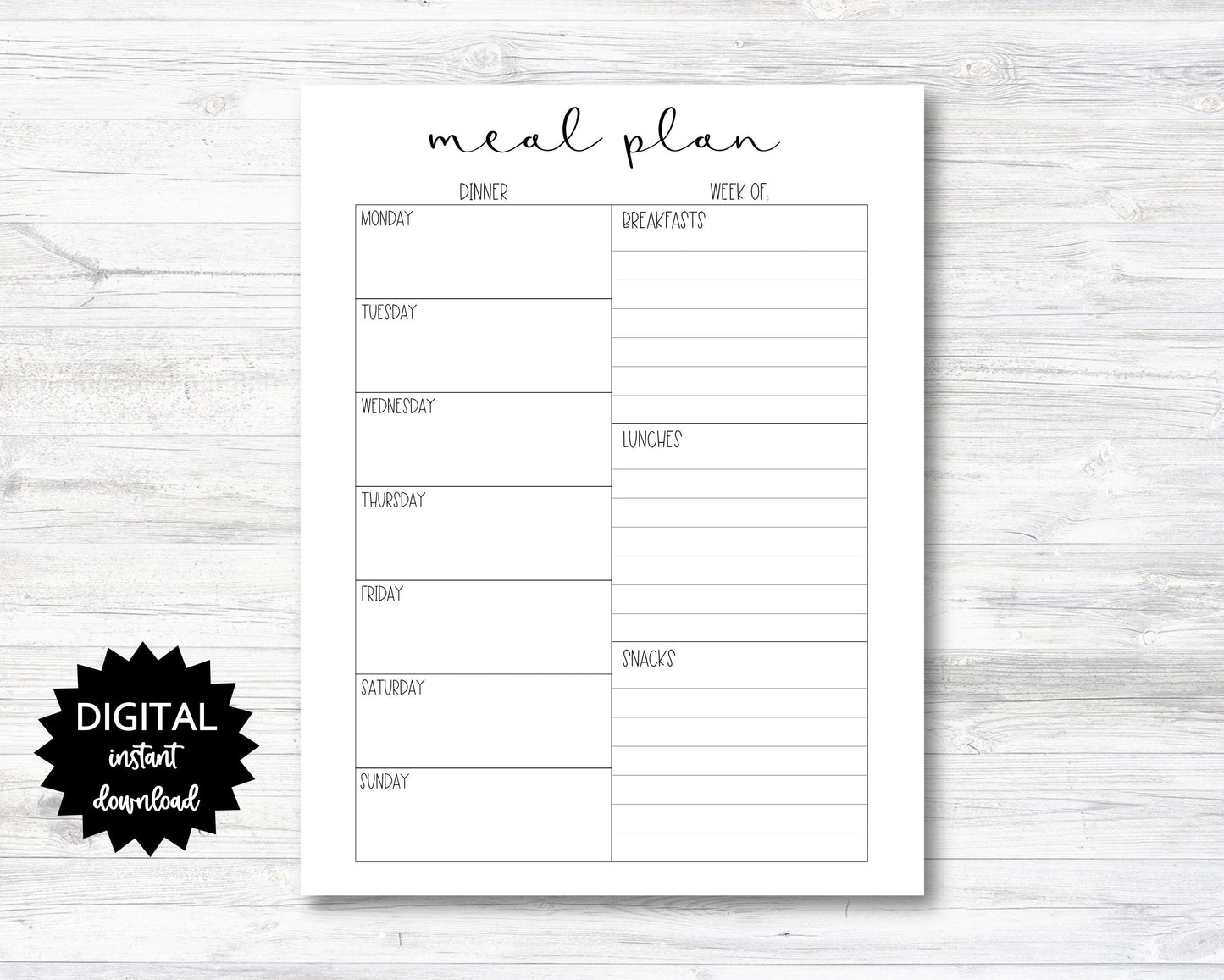 Weekly Meal Plan Printable, Meal Plan Digital Download - PRINTABLE (N008)