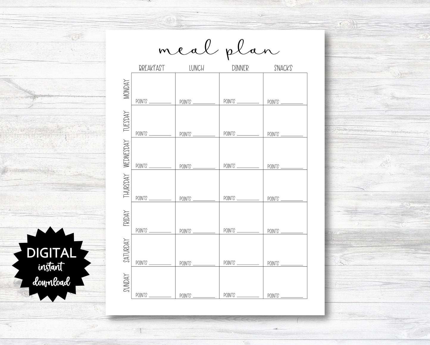 Meal Plan Printable with Points - PRINTABLE (N005)