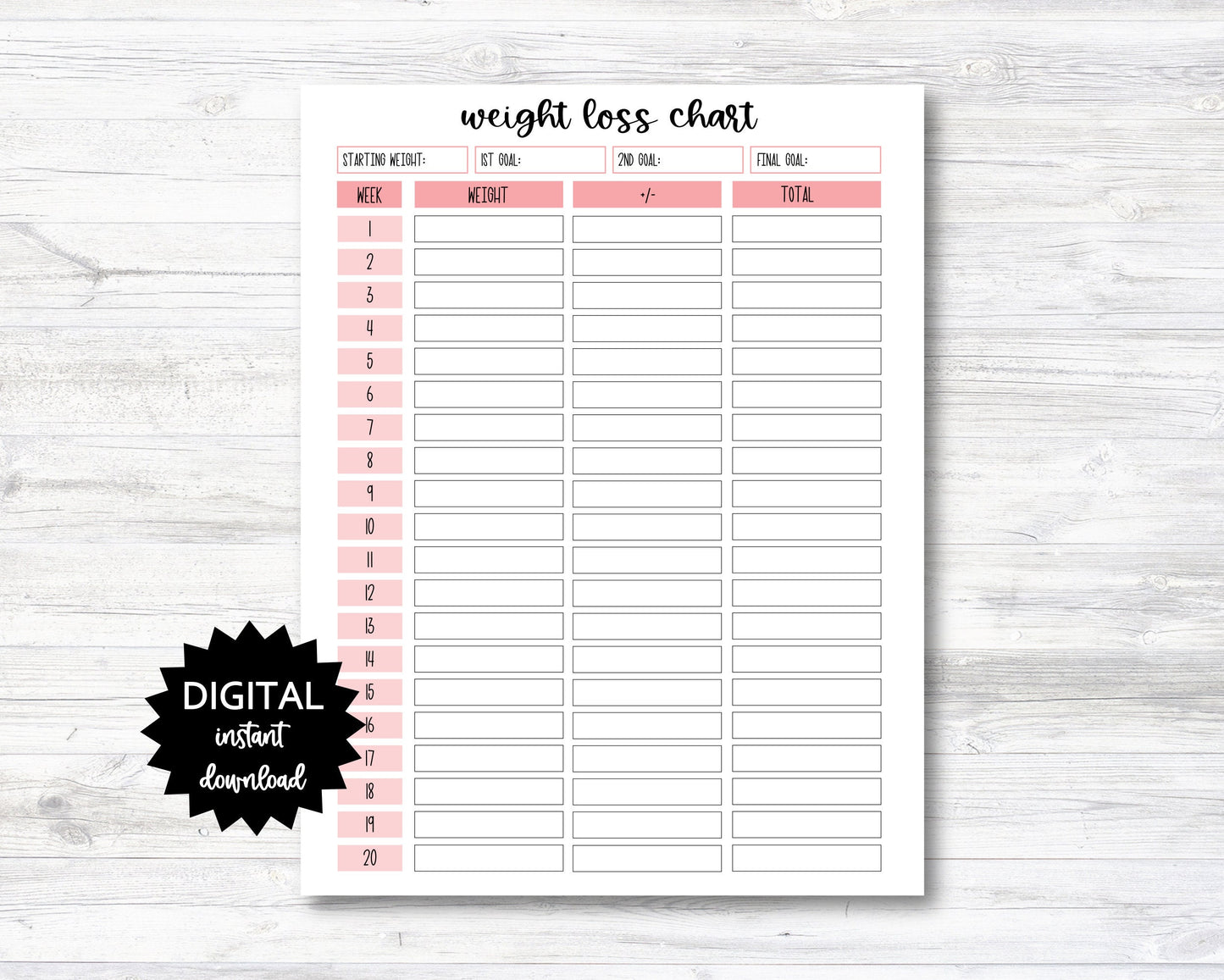 Weight Loss Chart Digital Download, Weight Loss Chart PRINTABLE (N017)