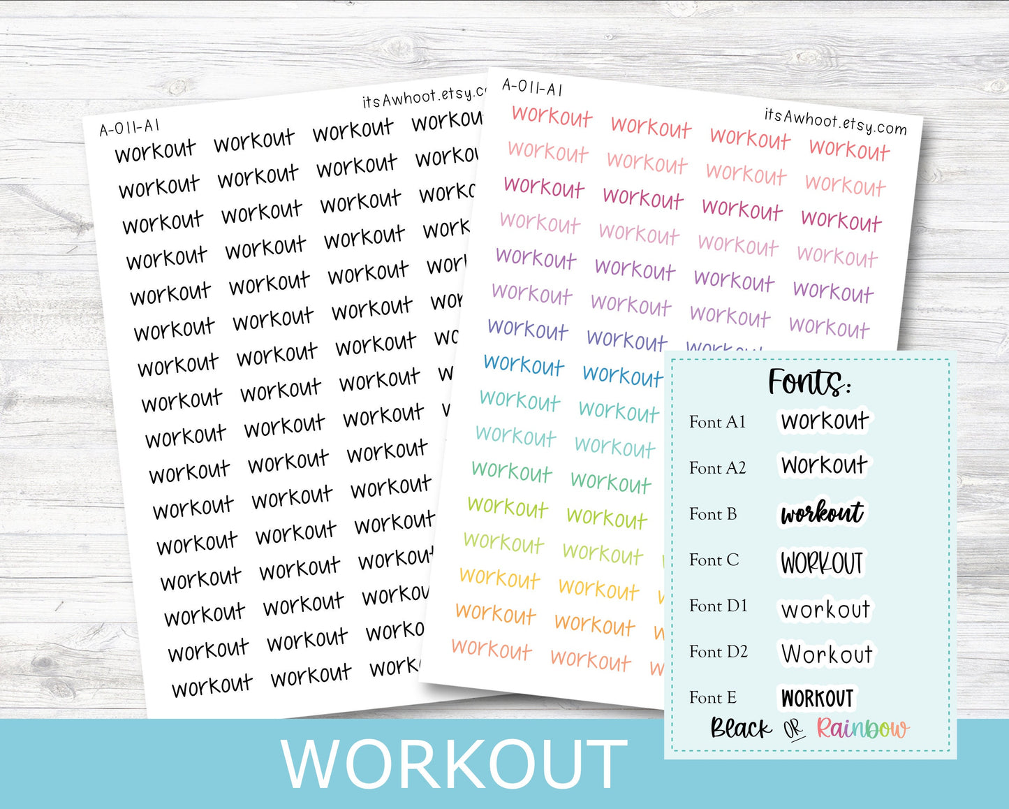 WORKOUT Script Planner Stickers - Multiple Fonts/Colors Available (A011)
