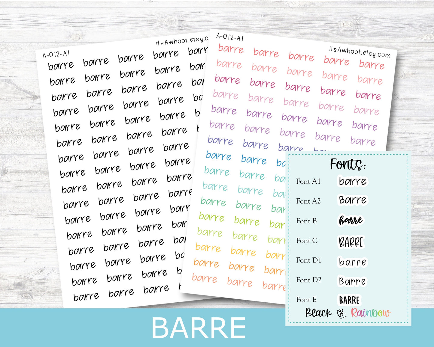 BARRE Script Planner Stickers - Multiple Fonts/Colors Available (A012)