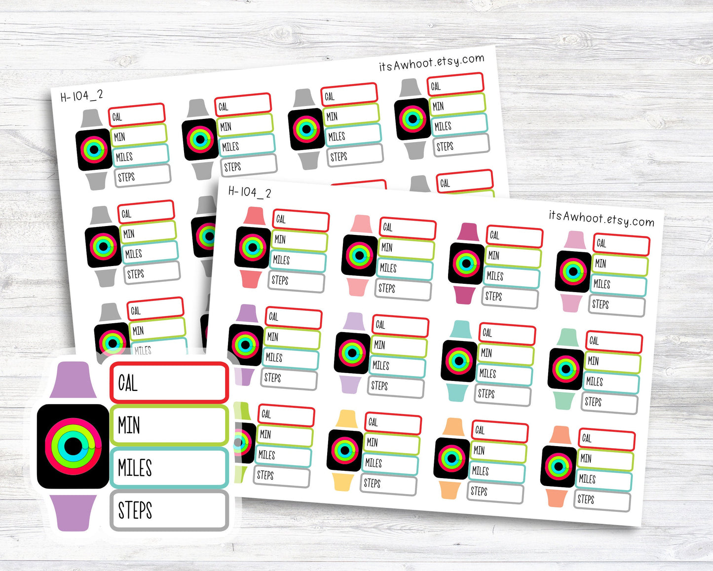 Activity Rings Watch Stats Tracker, Smart Watch Activity Tracker - Cal, Min, Miles, Steps - Set of 12 (H104_2)