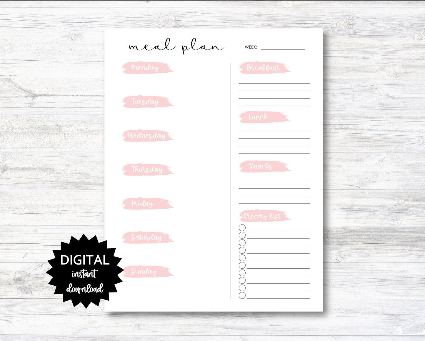 Meal Plan Printable, Weekly Meal Plan Printable with Grocery List, Meal Plan Digital Download - Pink - PRINTABLE (N028)