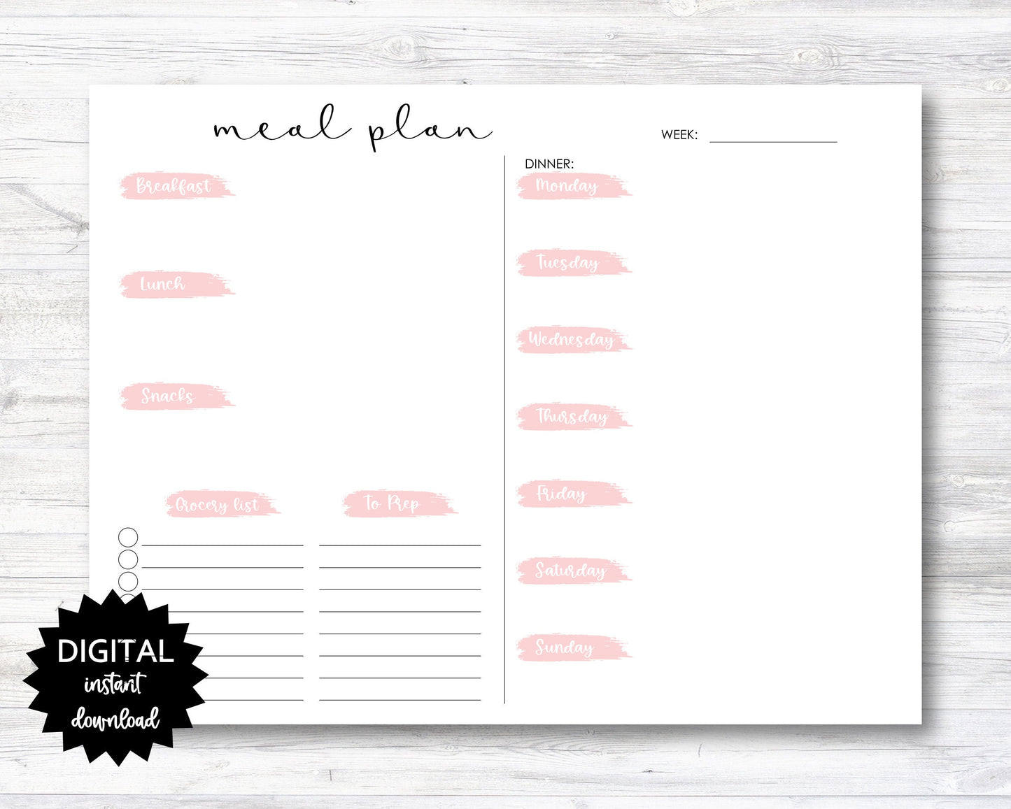 Meal Plan Printable, Weekly Meal Plan Printable with Grocery List, Meal Plan Digital Download - Pink/Landscape -PRINTABLE (N029)