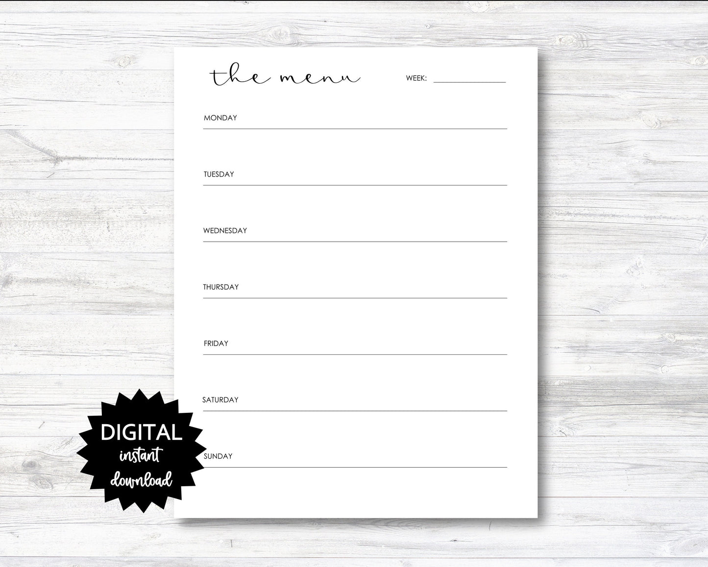 The Menu Printable, Meal Plan Digital Download, Meal Plan Printable, Weekly Menu Printable - PRINTABLE (N026)