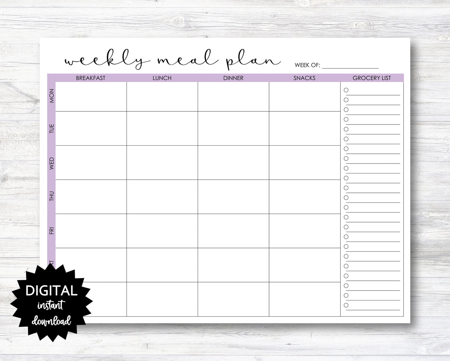Meal Plan Printable, Weekly Meal Plan Printable with Grocery List, Meal Plan Digital Download - Purple - PRINTABLE (N032)