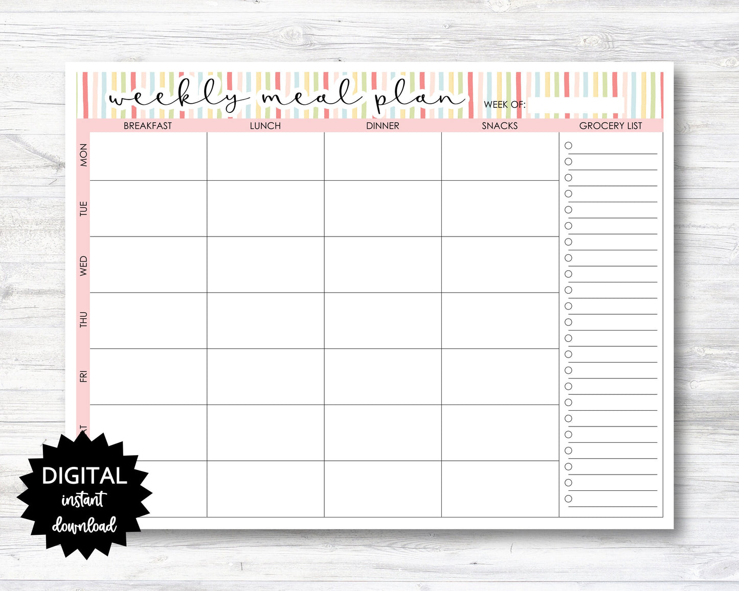 Meal Plan Printable, Weekly Meal Plan Printable with Grocery List, Meal Plan Digital Download - Rainbow Stripes - PRINTABLE (N032-2)