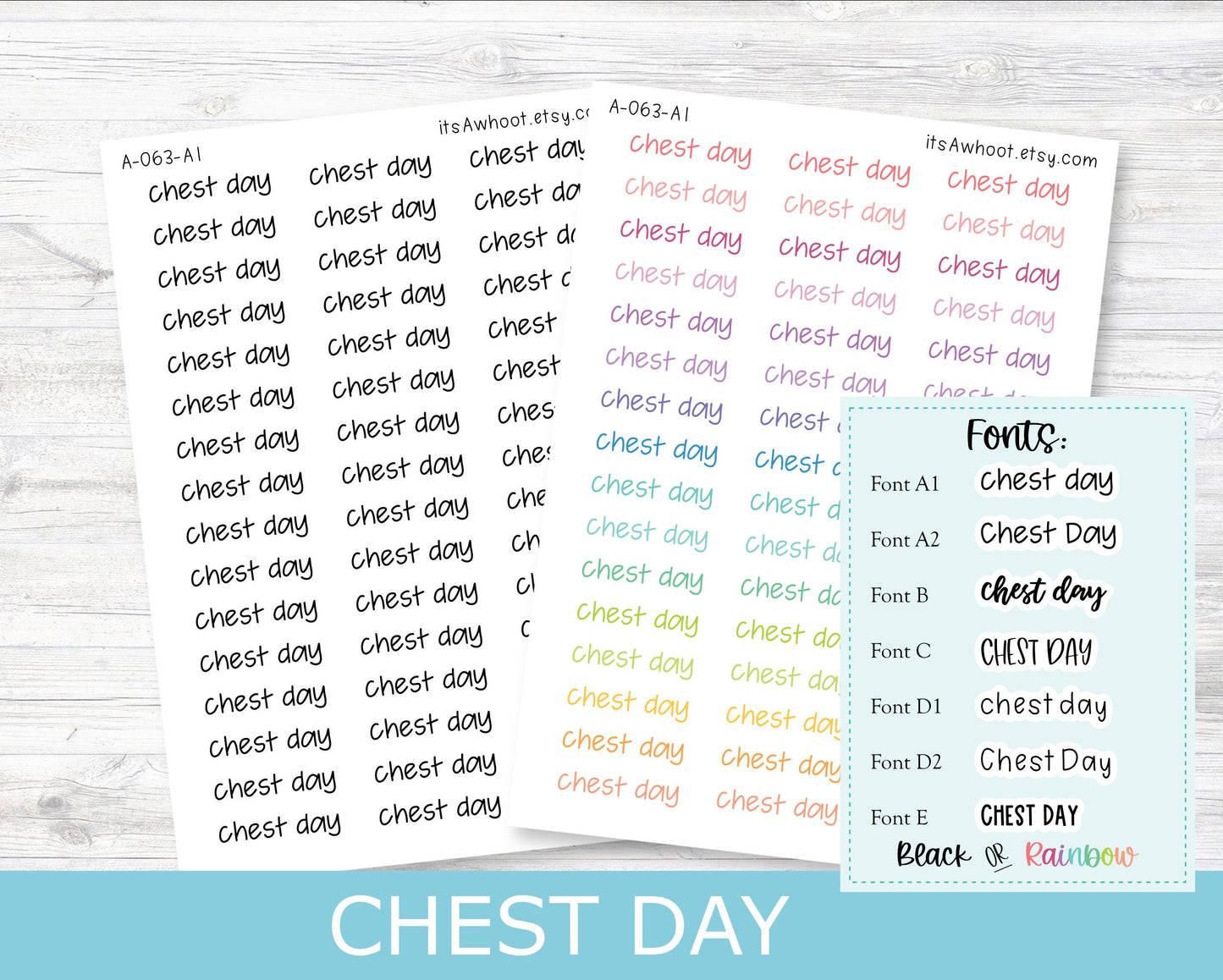 CHEST DAY Script Planner Stickers - Multiple Fonts/Colors Available (A063)