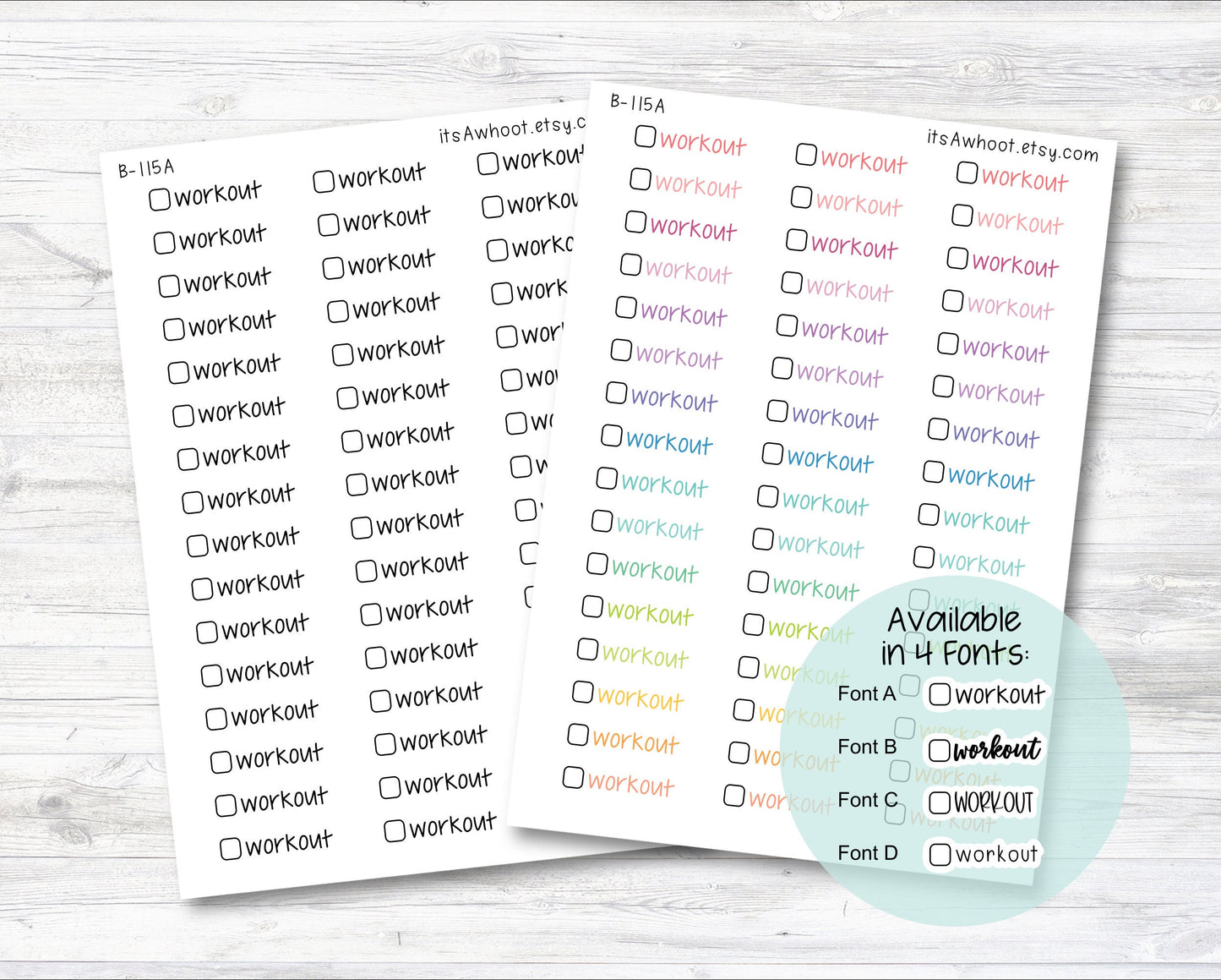 Workout with Checkbox Script Stickers, Workout Planner Stickers (B115)