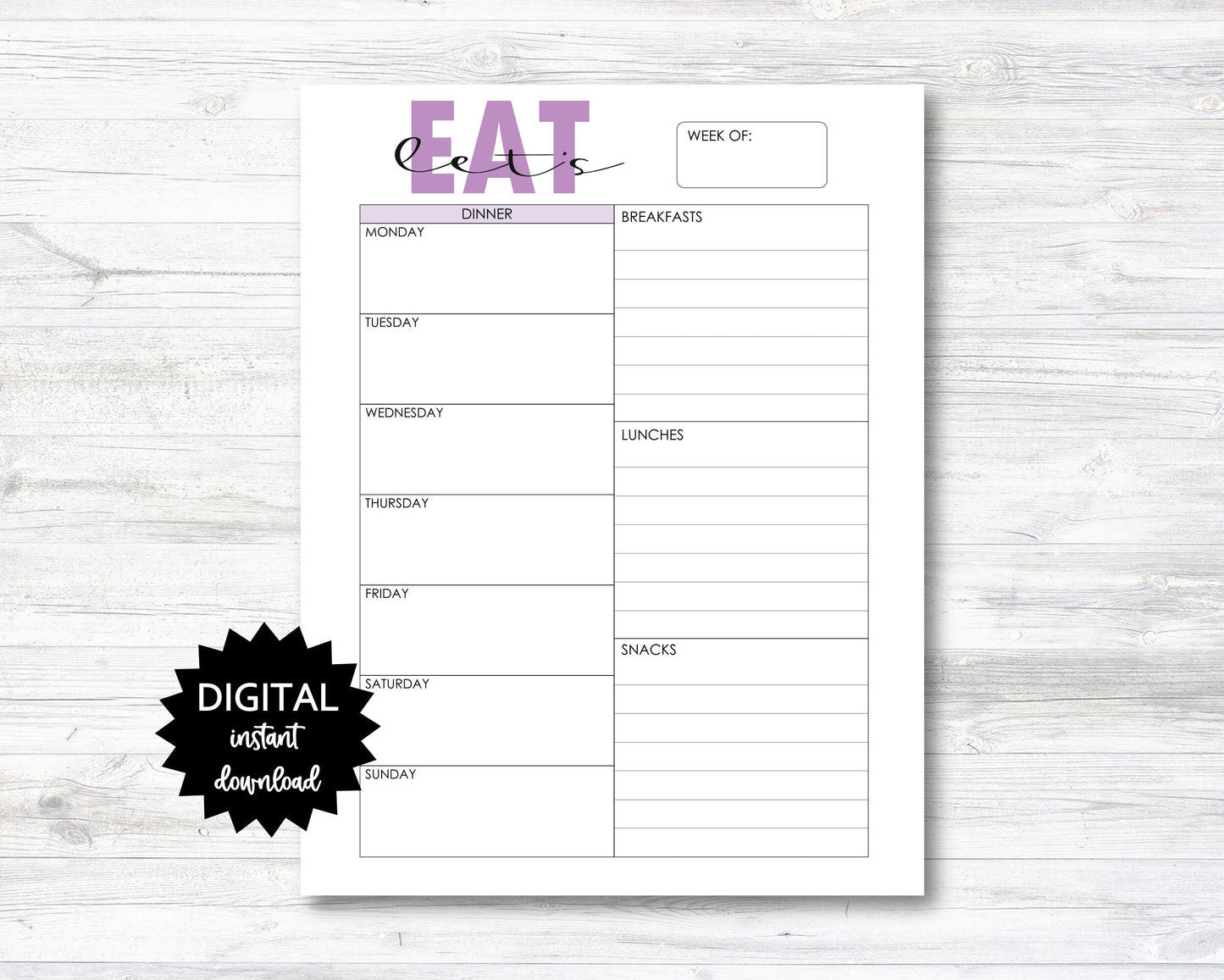 Weekly Meal Plan Printable, Meal Plan Digital Download, Let's Eat Meal Planner, What to Eat Meal Plan - PRINTABLE (N008_2)