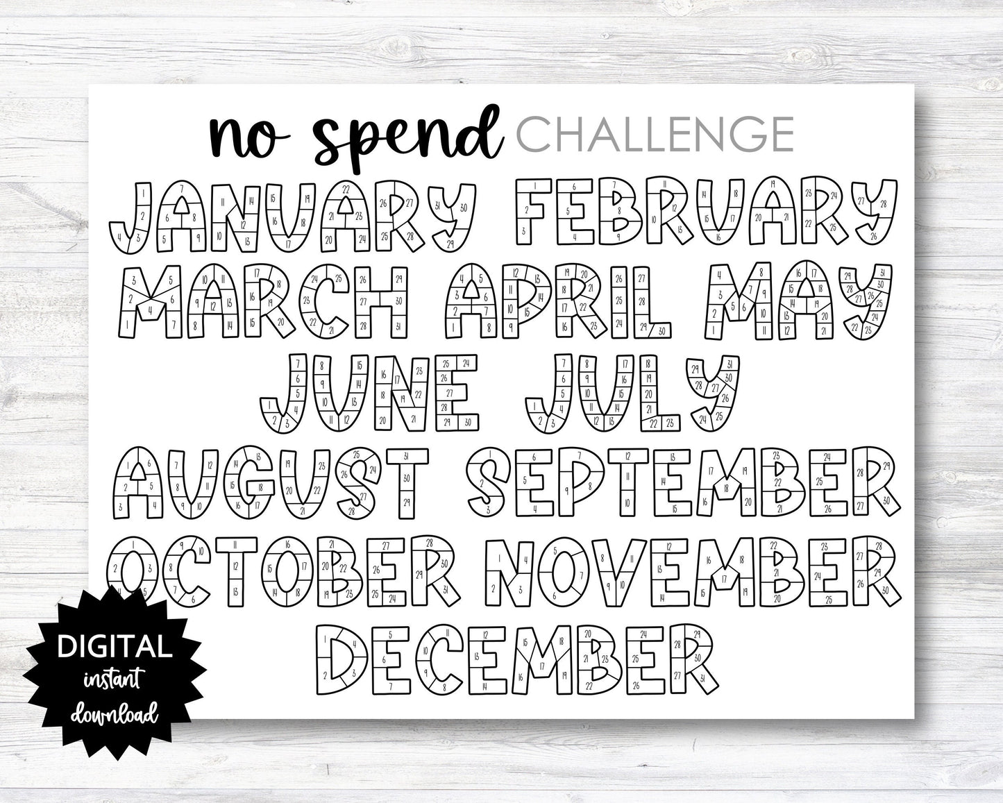 No Spend Challenge Tracker Coloring Page Printable, Coloring No Spend Calendar, Year No Spend Coloring Sheet - PRINTABLE (N036)