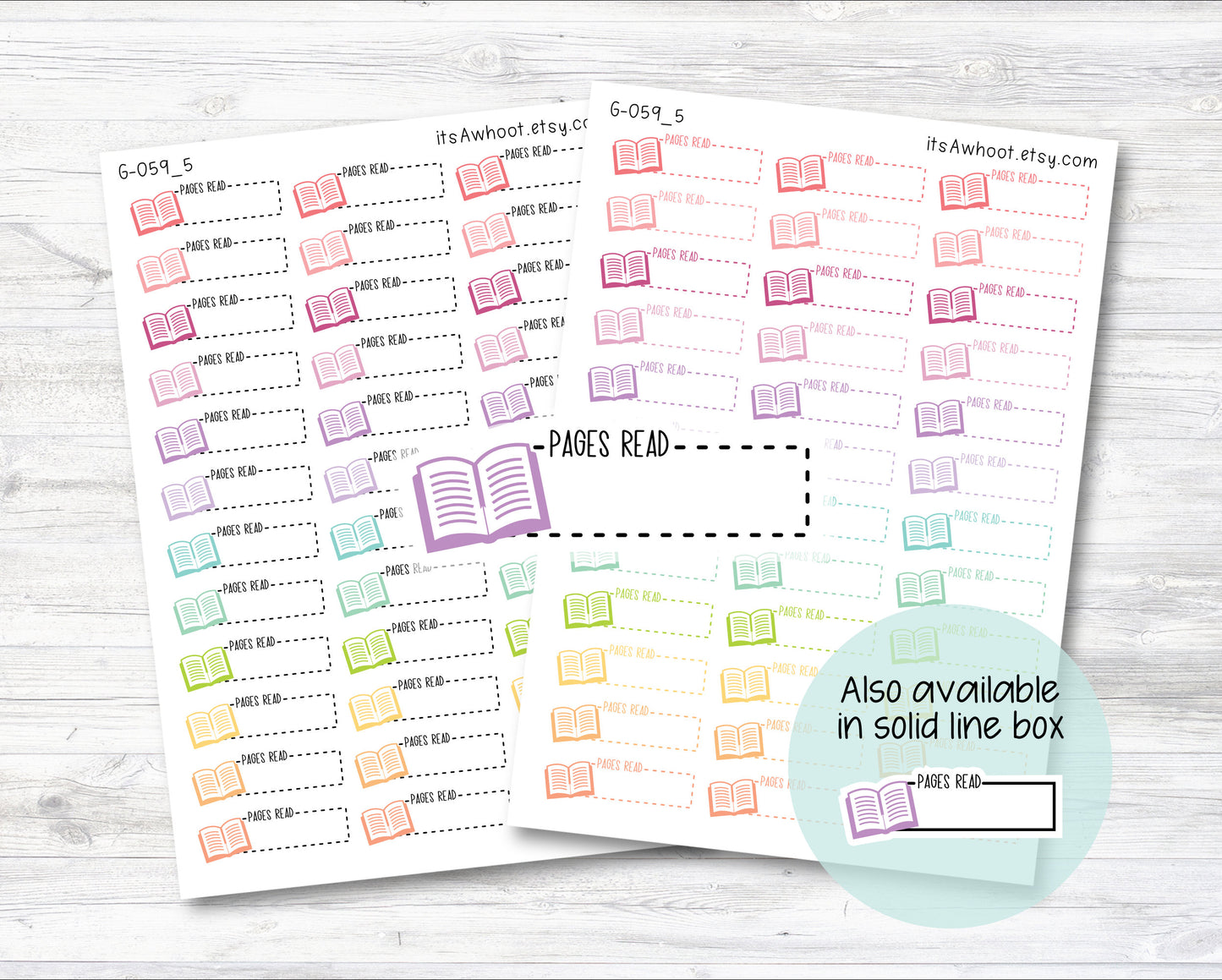 PAGES READ with Book icon Quarter Box Label Planner Stickers - Dash or Solid (G059_5)