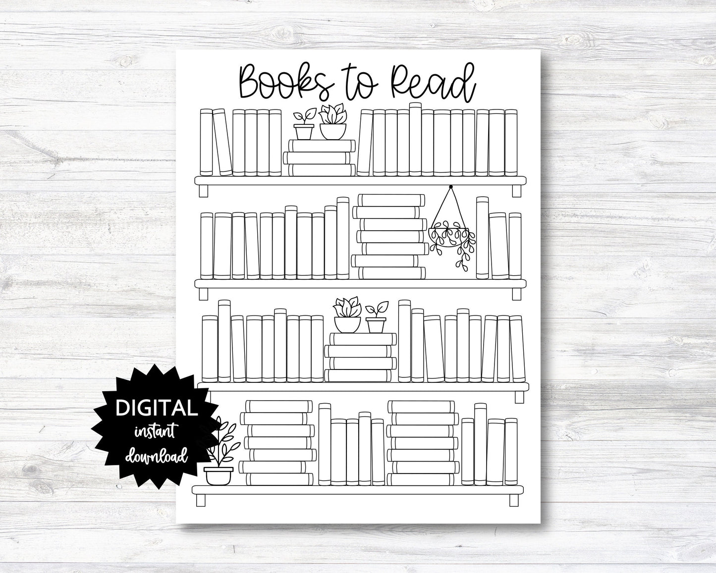 Books To Read Printable, Reading Tracker, Bookshelf Printable (Black & White) - PRINTABLE (N038_2)