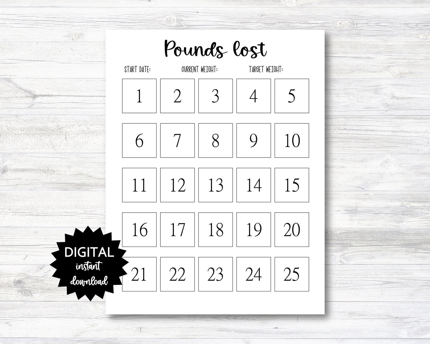 Pounds Lost Printable, 25 Pounds Lost Tracker, 25 Lbs Lost Digital Download Planner Page - Minimalistic Black & White - PRINTABLE(N009_21)
