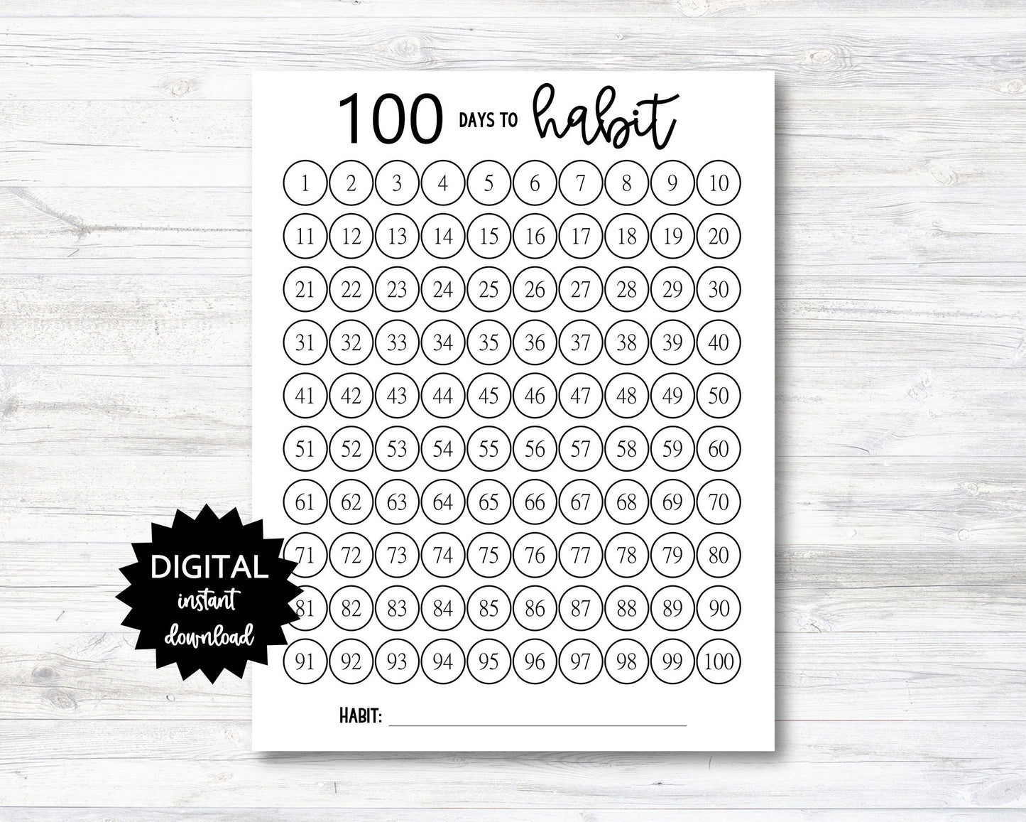 100 Days To Habit Printable, Habit Tracker, 100 Days To Habit Digital Download Planner Page - PRINTABLE (N014)