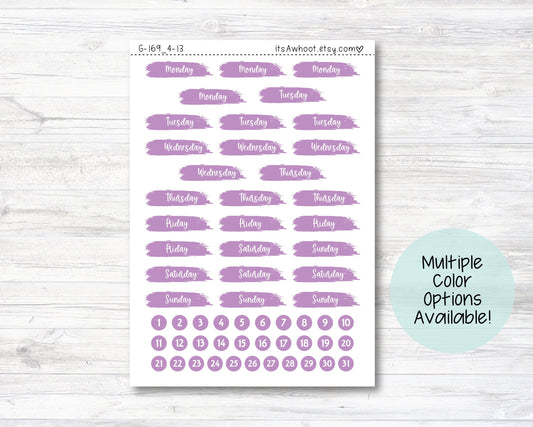 Days of the Week Brush Stroke Header Stickers, Date Dot Stickers, Days of the Week Planner Stickers (G169_4)