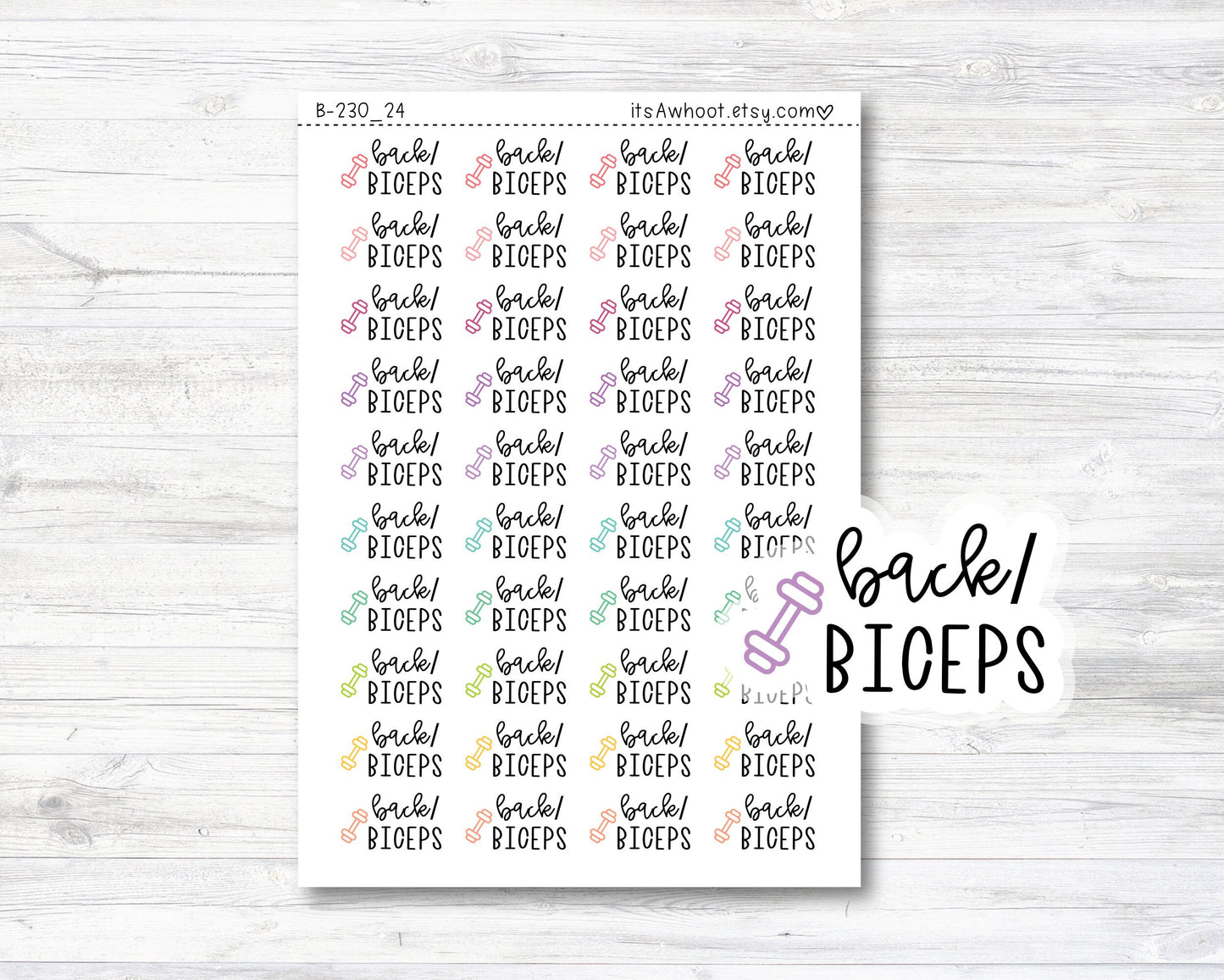 Back/Biceps Script Stickers, Back/Biceps Planner Stickers, Back/Biceps with Dumbbell Icon Stickers (B230_24)