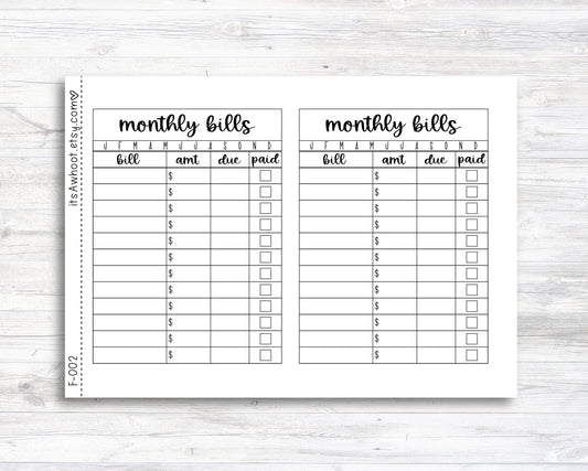 Monthly Bills Dashboard Sticker, Bills Due Stickers, Bills Paid Sticker, Bills Tracker (F002)