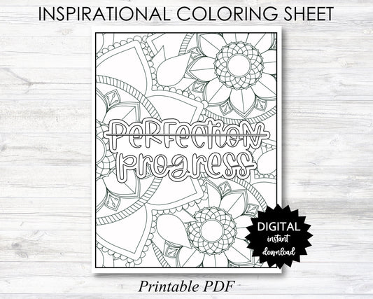Progress over Perfection Printable,  Progress over Perfection Coloring Sheet, Inspirational Coloring Page - PRINTABLE (O005)