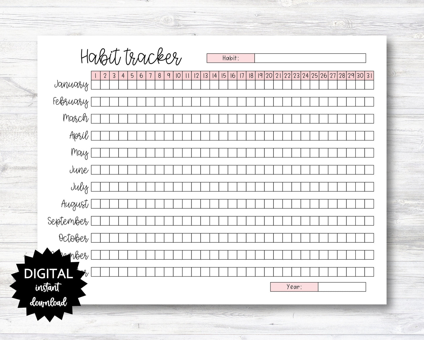 Yearly Habit Tracker Printable, Daily Habit Tracker, Month Habit Tracker - PRINTABLE (N024)