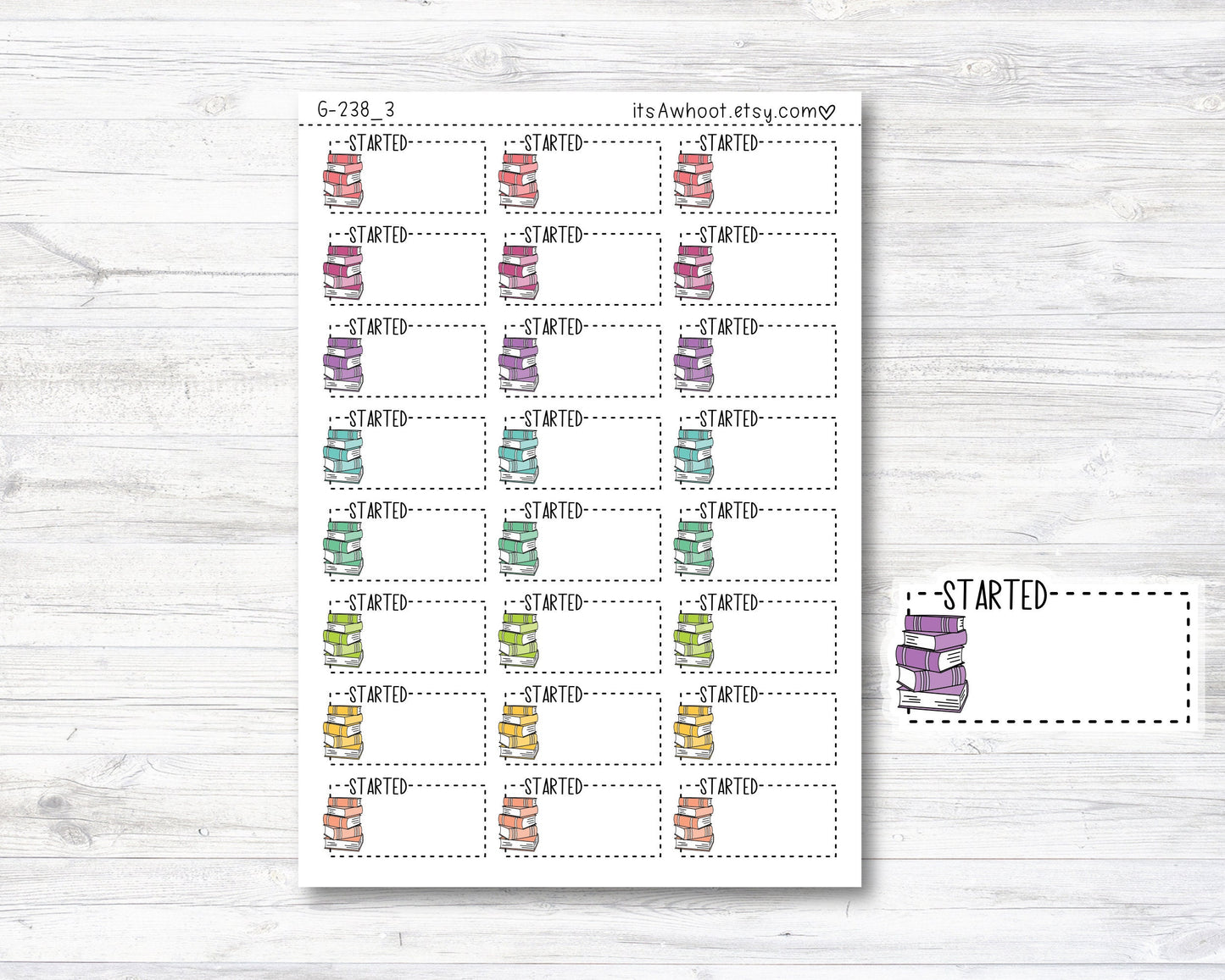 STARTED with Book icon Box Label Planner Stickers - LARGE .8" (G238_3)