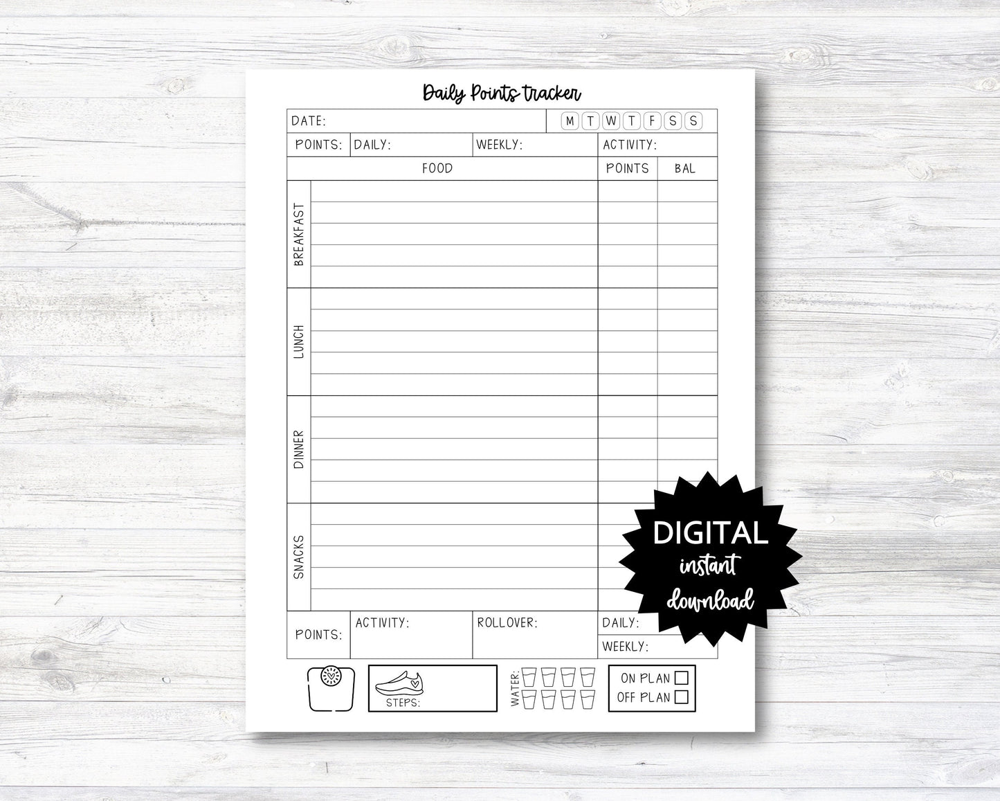 Daily Points Tracker, Daily Points Tracking Printable, Point Tracker Planner Page - Black & White - PRINTABLE (N004_8)