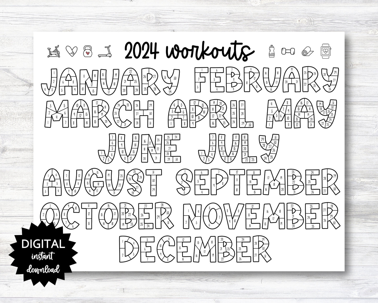 2024 Workouts Tracker Coloring Page Printable, Coloring Workout Calendar, Year Workout Tracking Coloring Sheet - PRINTABLE (N001_4)
