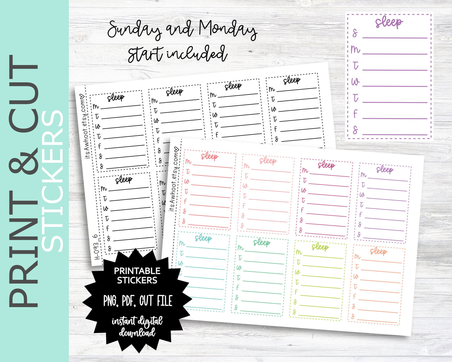 SLEEP Sidebar PRINT & CUT Planner Stickers (H093_6PC)